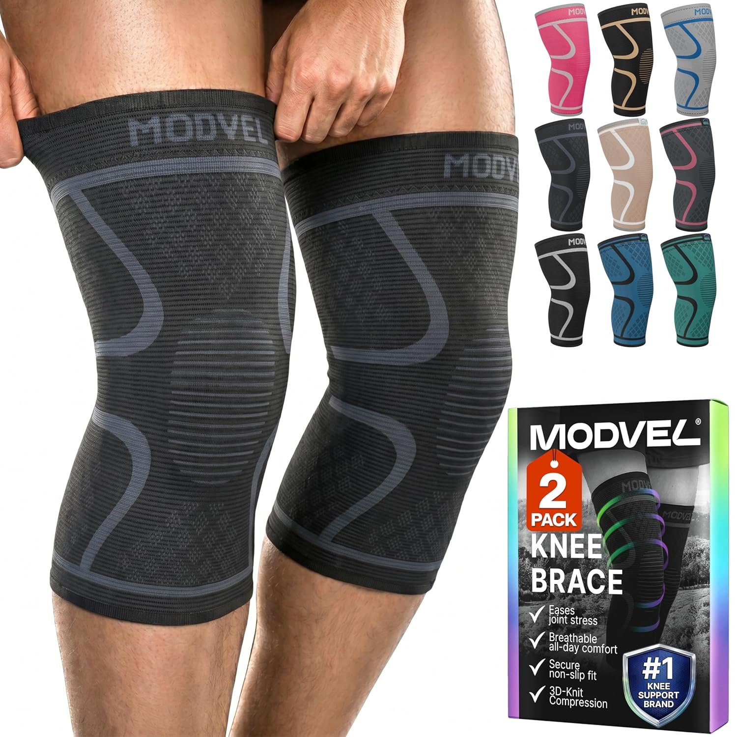 Modvel 2 Pack Knee Brace for Women & Men – Knee Support for Walking, Knee Compression Sleeves for Pain Relief, Knee Sleeves for Women, Knee Sleeves for Men, Knee Brace for Sports, Workouts & Arthritis