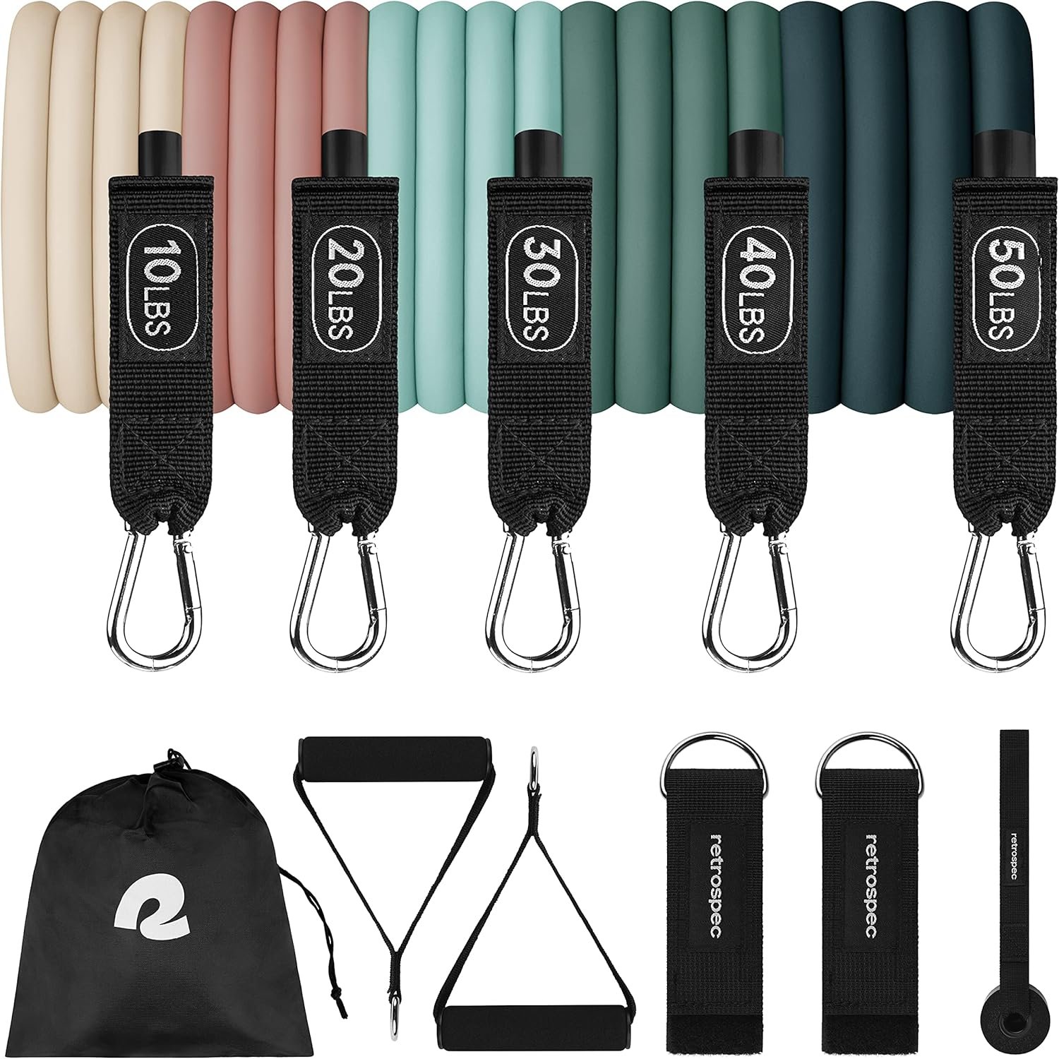 Retrospec Train Resistance Bands Set for Working Out – 5 Stackable Bands, Handles & Door Anchor – Portable Fitness Equipment for Physical Therapy & Yoga Includes Carry Bag