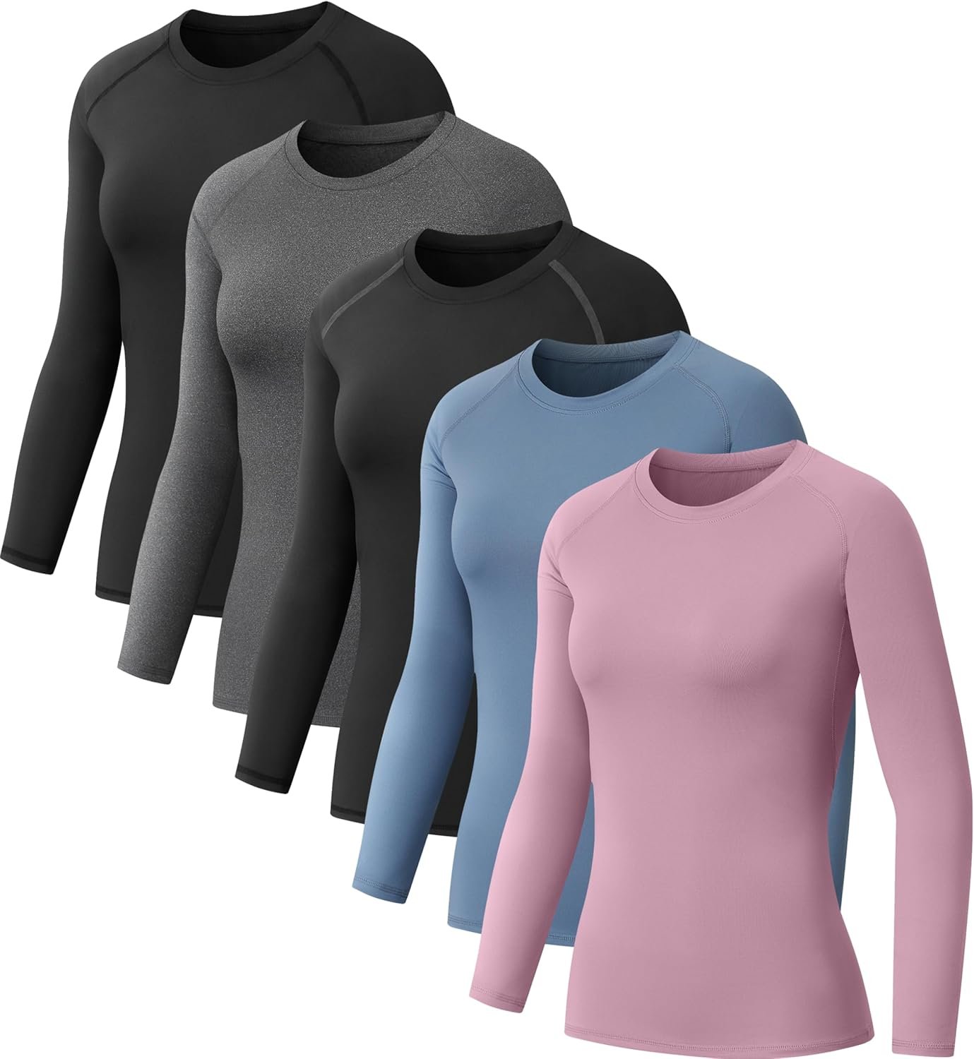 NebuKinex 5 Pack Women’s Compression Shirt Long Sleeve Workout Tops Athletic Baselayer Quick Dry Gym Yoga Running T-Shirt