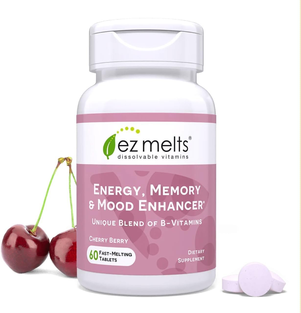 EZ Melts Energy, Memory & Mood Enhancer – B Vitamins Supplement with Vitamin B12, B6, Folate & Biotin – Non-GMO & Vegan – Cherry Berry – 60 Dissolvable Tablets (60 Servings)