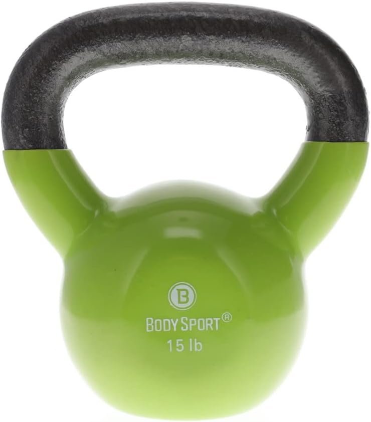 Body Sport Cast Iron Vinyl Coated Kettlebells, 15 lb., Light Green – Kettlebell for Weight Lifting – Strength Training Kettlebell – Professional Fitness for Gym & At Home
