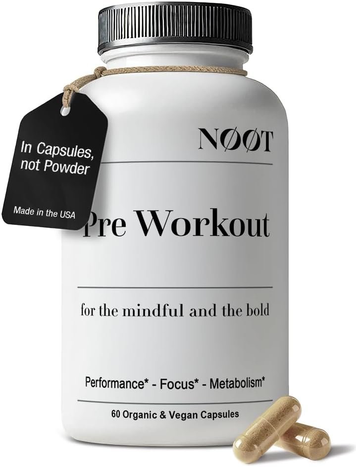 NOOT Pre Workout – Natural Pre Workout Supplement, Caffeine-Free, PreWorkout with L-Carnitine, Magnesium Taurate & Green Tea Extract for Endurance & Fat Burning for Women and Men, 60 Organic Capsules