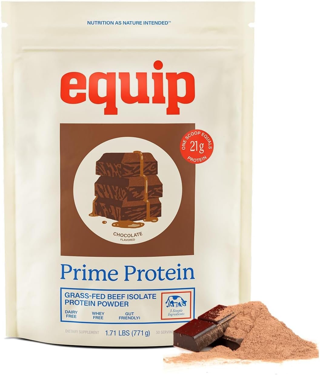 Equip Foods Prime Protein Powder | Clean Grass Fed Beef Protein Powder | Keto Friendly Carnivore Protein Isolate | Gluten & Dairy Free | Helps Build & Repair Tissue | 30 Servings, Chocolate (No Sugar)