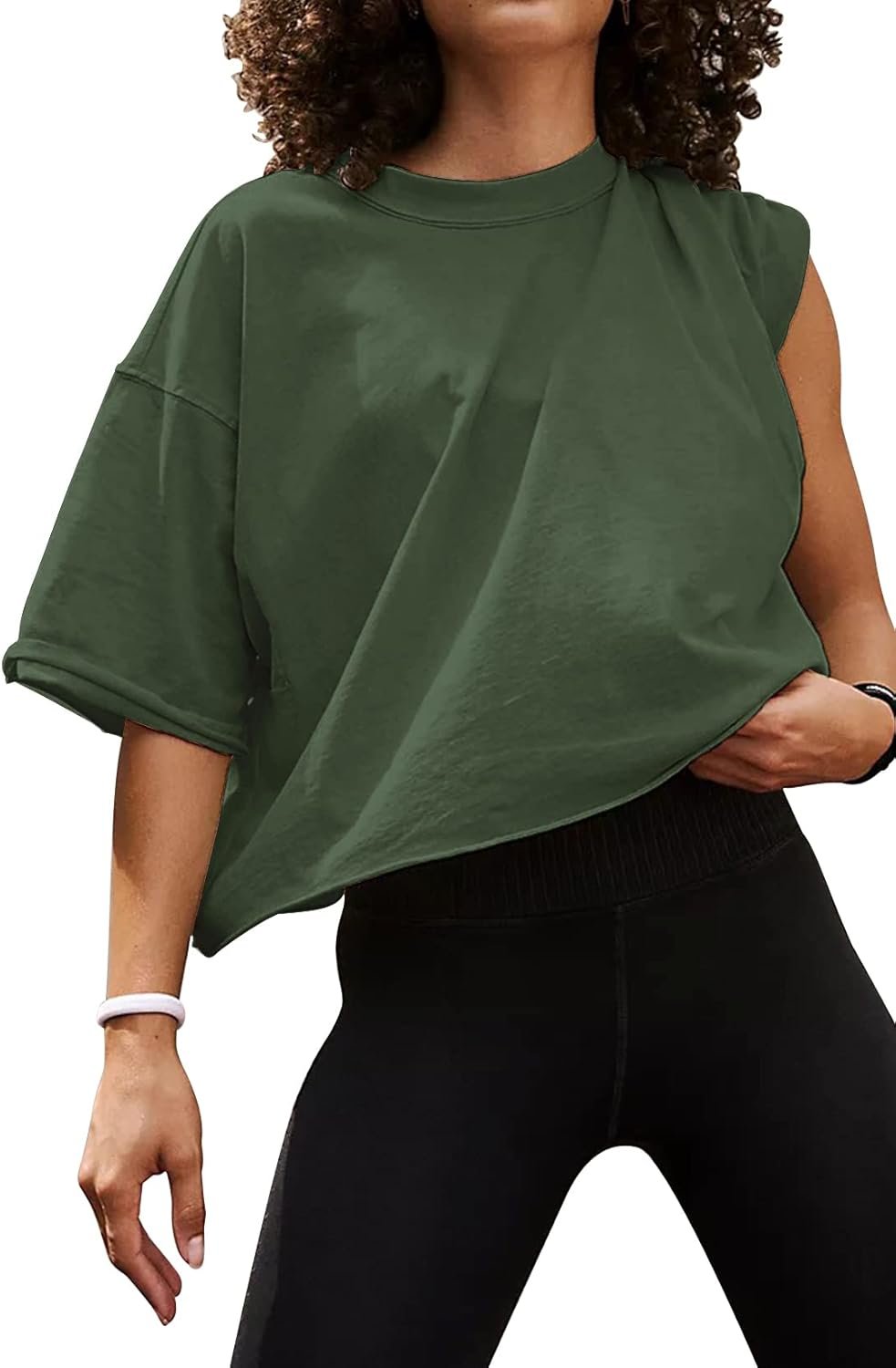 Women’s Oversize Workout Crop Tops Casual Short Sleeve Drop Shoulder Boxy T-Shirts Roll Hem Basic Loose Yoga Running Tees
