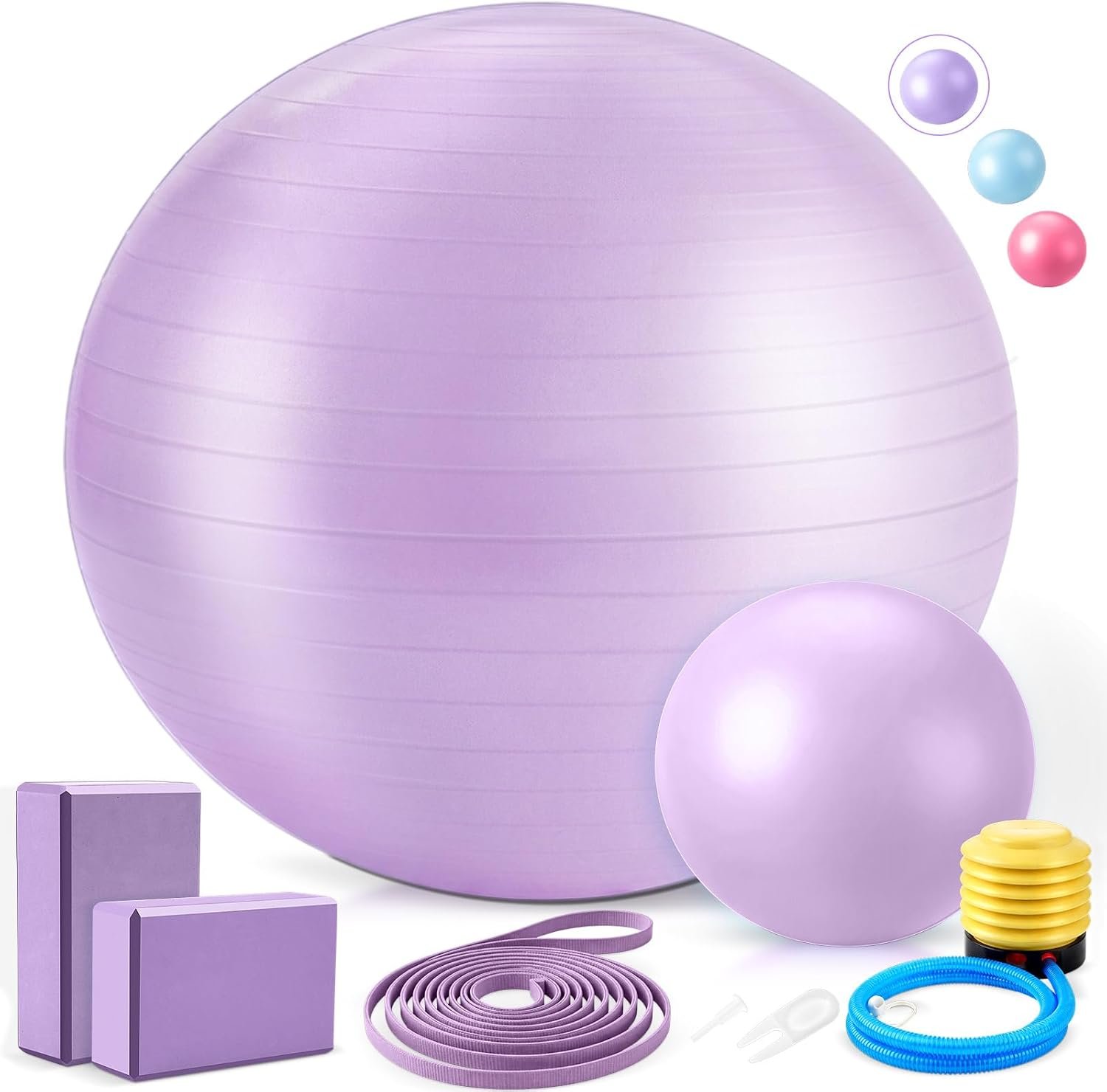 Pilates Set with 2 Yoga Exercise Balls (25.6”&9.8”), Yoga Block, Stretch Strap & Foot Pump, Stability Fitness Ball Kit for Home Gym Equipment Workout Pregnancy Physical Therapy