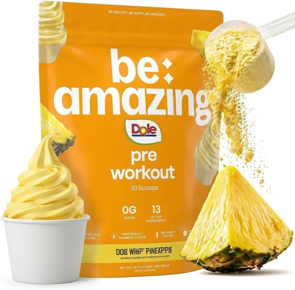 BE AMAZING Pre Workout Powder, Vegan Supplement with 125mg Natural Caffeine, Ashwagandha and Adaptogens, Sugar Free Drink Mix for Men and Women, Gluten Free, Non GMO, Dole Whip Pineapple, 30 Servings