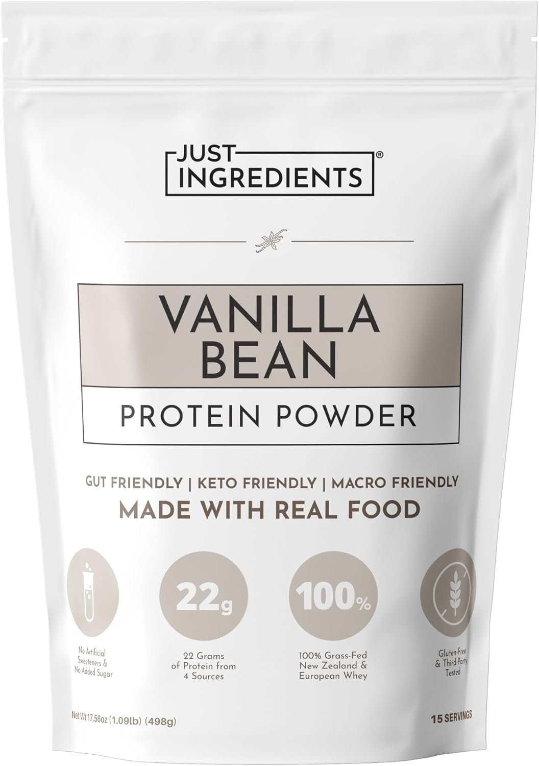 JUST INGREDIENTS Vanilla Protein Powder – Grass-Fed Whey Blend, Organic, Gluten Free, Dairy Free, Soy Free – 15 Servings, 22g Protein