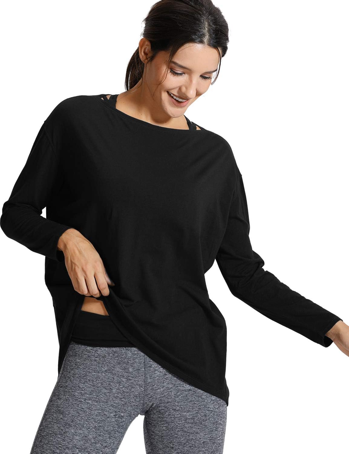 CRZ YOGA Pima Cotton Boat Neck Long Sleeve Shirts for Women – Workout Athletic Yoga Casual Tops Loose Fit Fall T-Shirts