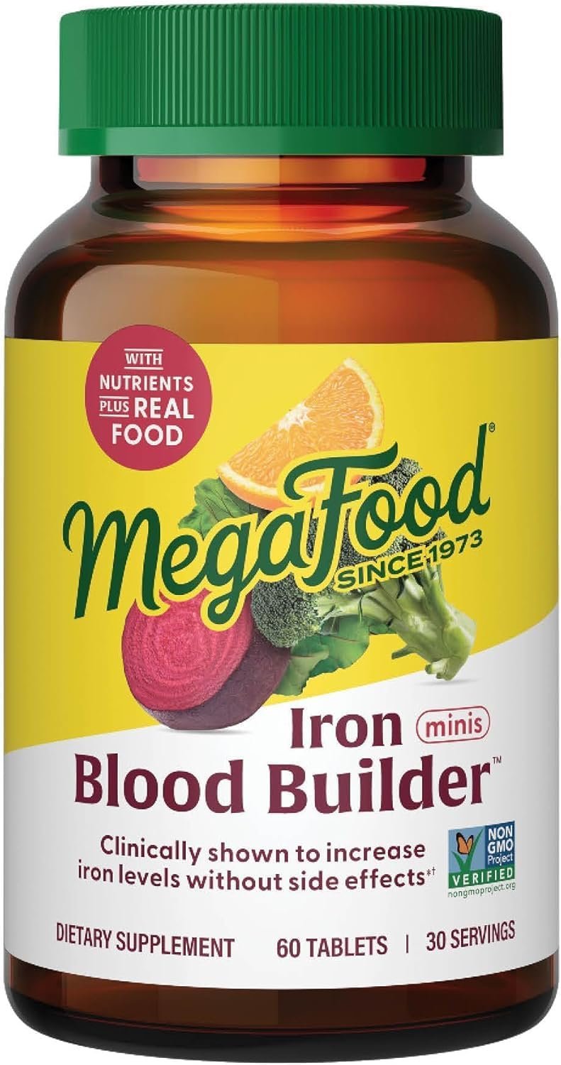 MegaFood Blood Builder Iron Supplement for Women & Men – Increase Iron Levels Without Side Effects, Improves Energy Levels – B12, Folic Acid & Vitamin C for Absorption, Vegan Non-GMO, 60 Mini Tablets