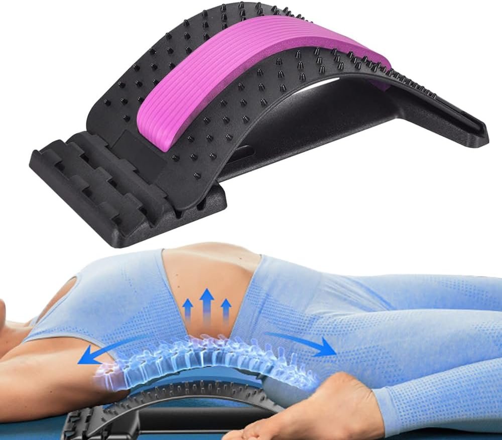 Back Stretcher for Lower Back Pain Relief, 4 Level Adjustable Lumbar Cracker Board Massager, Stretching Device for Scoliosis, Sciatica (Pink)