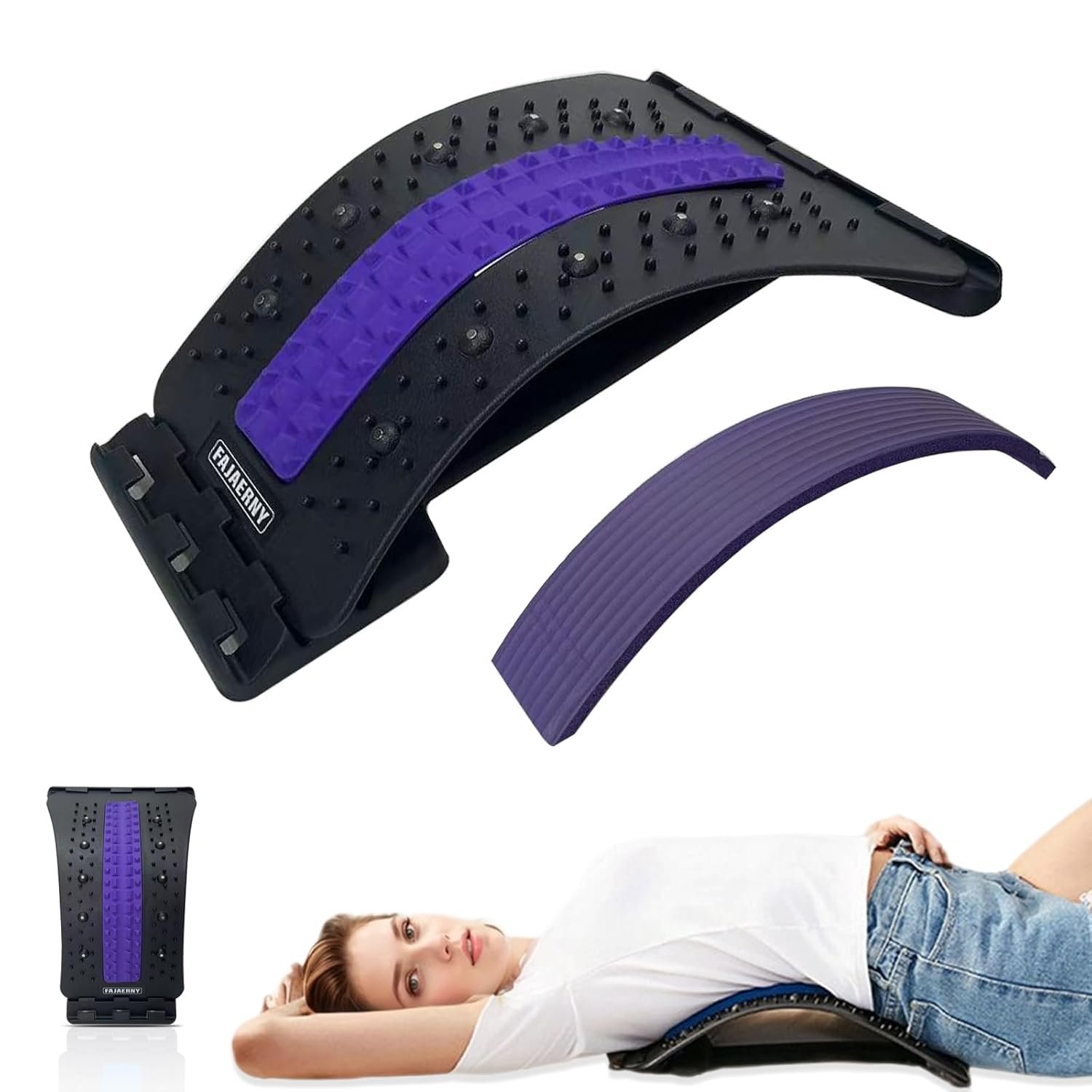 Back Stretcher, 3 Level Adjustable Lumbar Back Cracker Board, Back Pain Relief Device, Back Massage, 84 Massage Points and 10 Magnetic Points, Relief for Lumbar Area Pain, Scoliosis Aid, Spine, Herniated Disc, Lumbar Support Board, Extra NBR Pad & Silicone Pad (Purple)