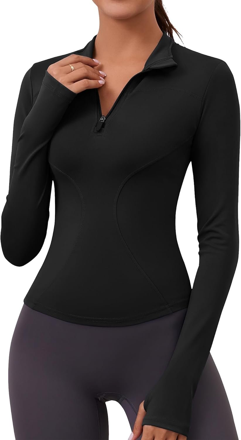 LOMON Womens Long Sleeve Workout Tops Quick Dry Quarter Zip Pullover Crop Yoga Athletic Slim Fit Shirts