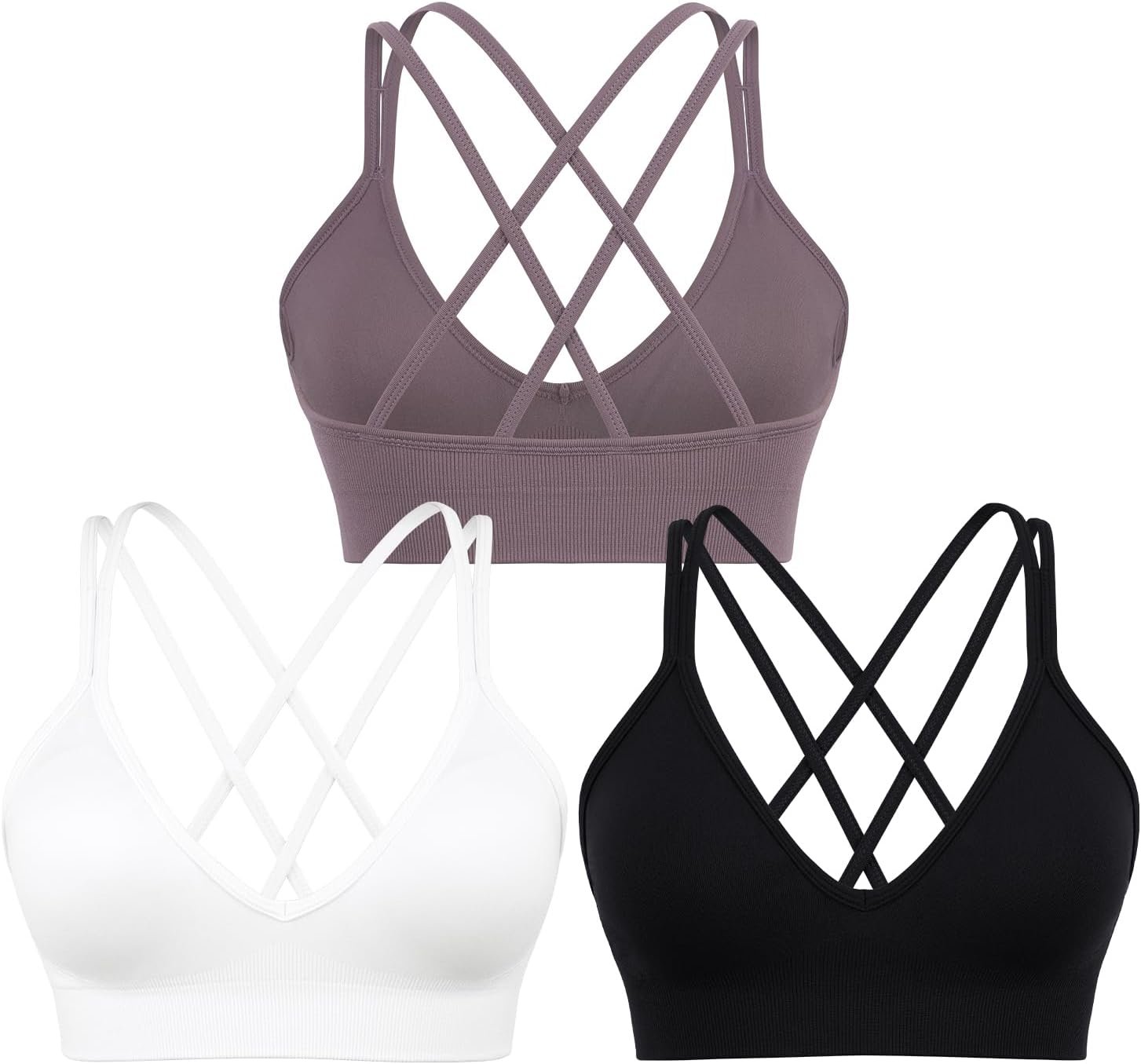 Sports Bra for Women V-Neck Strappy Criss Cross Yoga Bra Padded Medium Support Workout Gym Athletic Fitness Bras 3 Pack