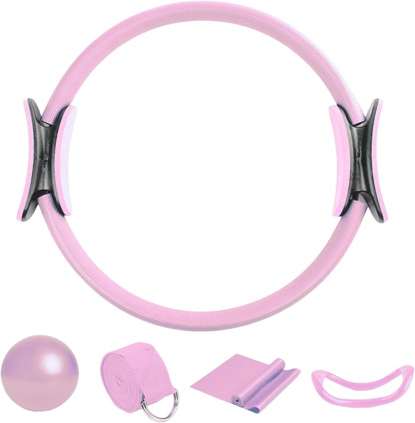 Pilates Ball and Ring Set, 15″ Durable 5 Pack Pilates Circle Ring with Magic Circle,Yoga Strap,Mini Ball,Resistance Bands,Pilates Ring Equipment for Workouts,Home Exercise,Fitness,Body Toning