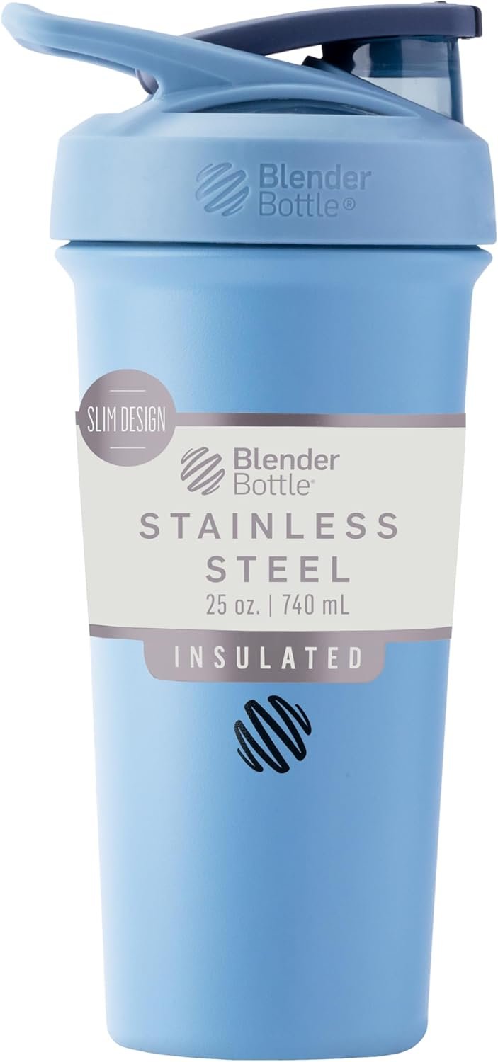 BlenderBottle Sport Sleek Insulated Stainless Steel Shaker Bottle with Wire Whisk, Protein Shakes & Hydration for Athletes & Fitness Enthusiasts, Easy Mixing, Lockable Lid, 25-Ounce, Dusty Blue | Sleek