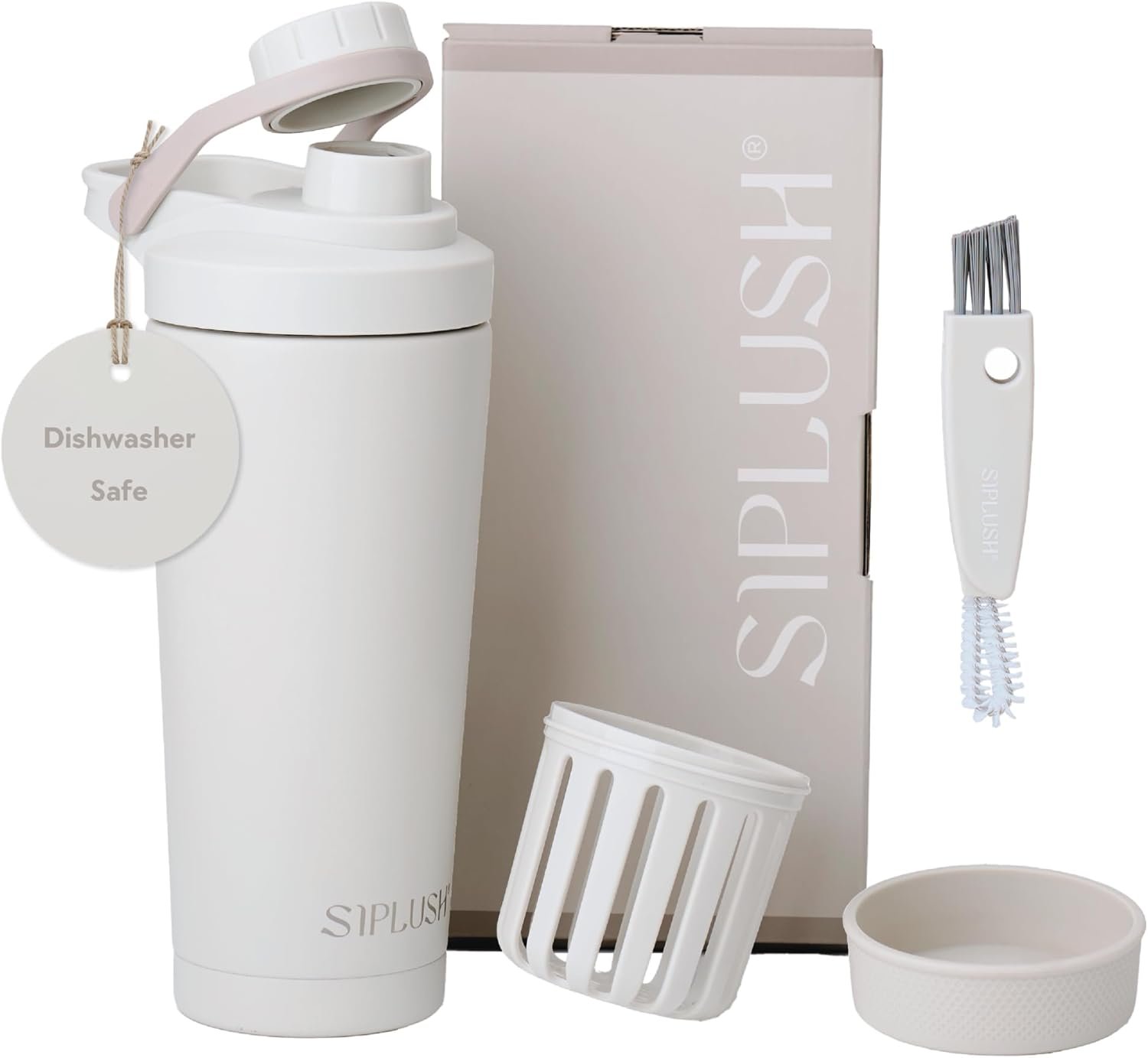 Paradise Shaker Bottle 24 oz, Insulated Stainless Steel Protein Shaker, Dishwasher Safe, with Lid Brush & Protective Boot, Leakproof Twist-Off Chug Cap, Warm Gray, Joshua Dusk
