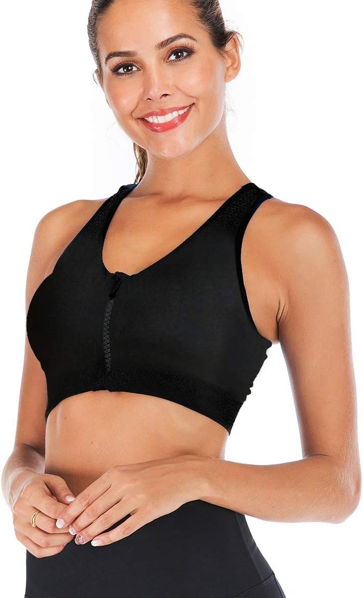 Women’s Zip Front Sports Bra Wireless Post-Surgery Bra Removable Pads Active Yoga Workout Daily Support