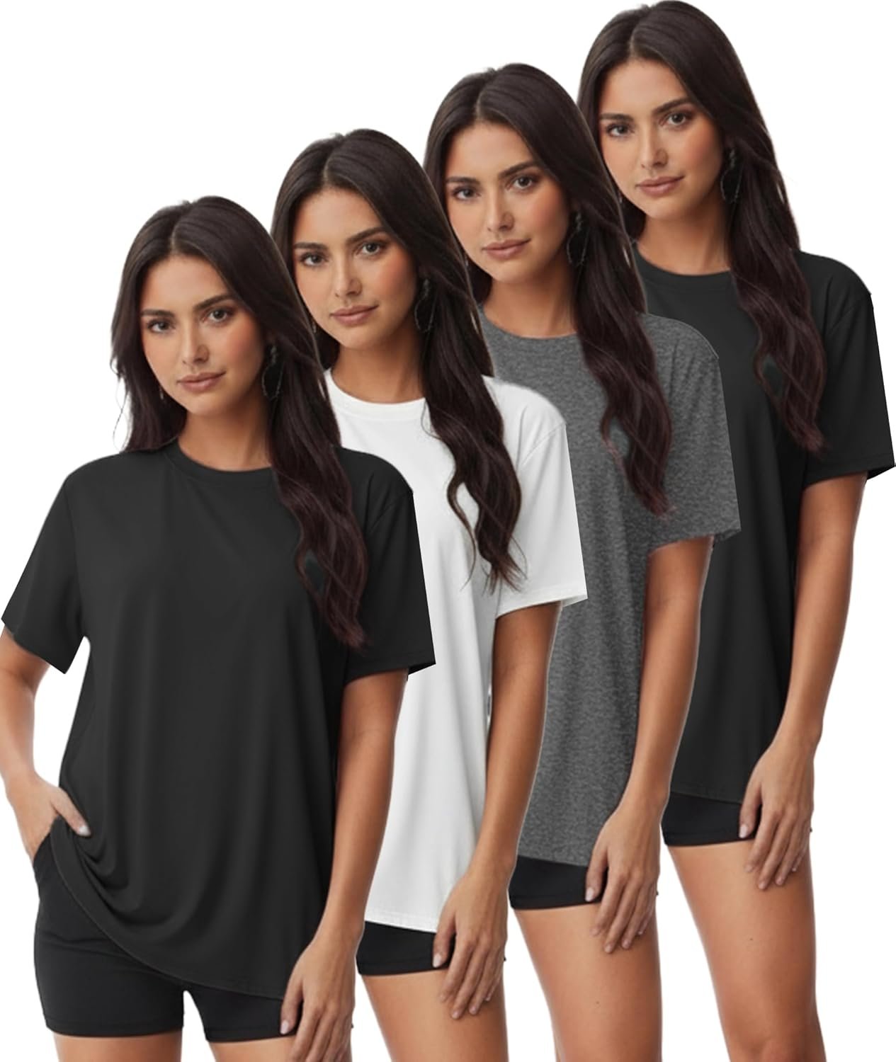 Kinglaman 4 Pack Women Basic T Shirts Tees, Workout Gym Loose Fit Crew Neck Short Sleeve Tshirts Casual Tops