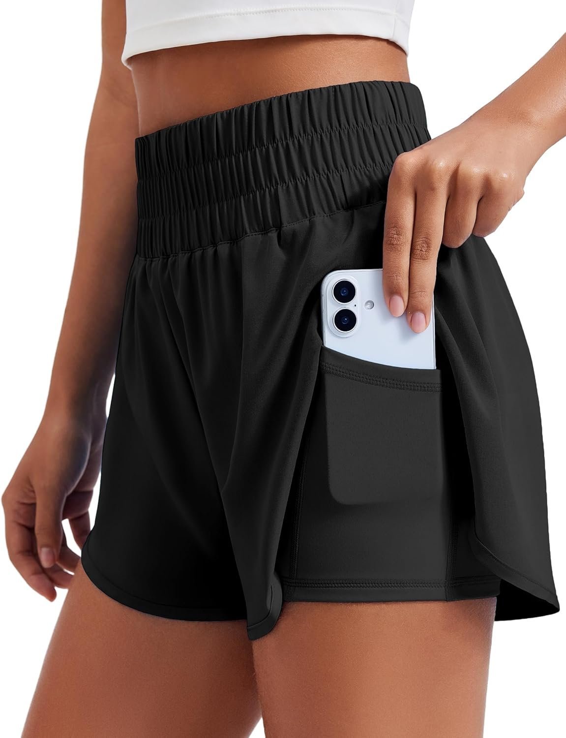 PINSPARK Women’s 2 in 1 Running Shorts High-Split Athletic Short High Waisted 3″ Liner Workout Gym Short with Pockets
