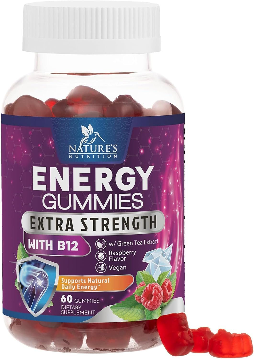 Energy Gummies – Vitamin B12 1000 mcg Per Serving – Daily Energy Chews with Natural Caffeine from Green Tea, Berry Flavored B12 Gummy Exercise Supplement for Running Cycling & Sports – 60 Gummies
