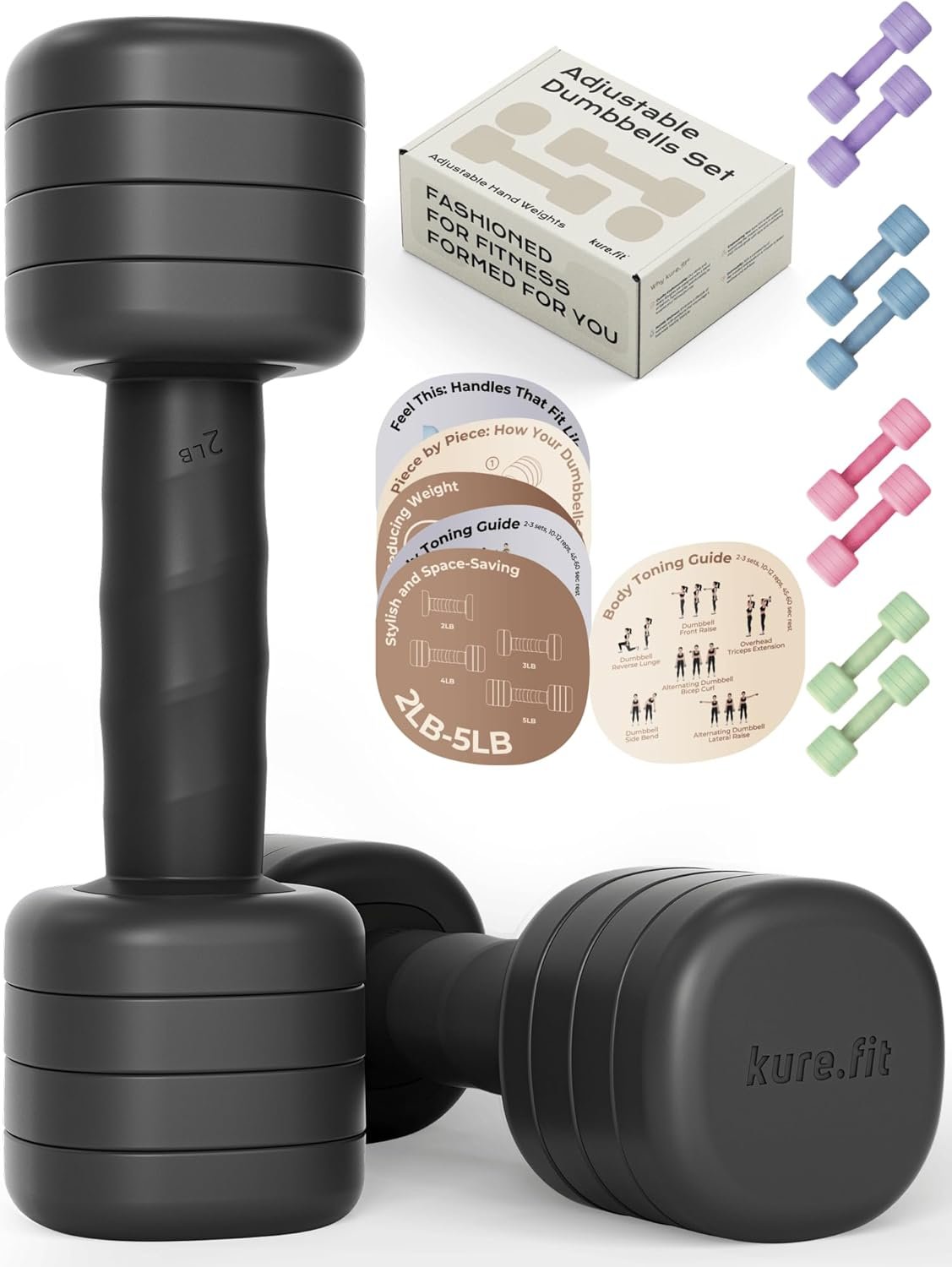 Adjustable Dumbbell Set｜2LB 3LB 4LB 5LB Light Hand Weights for Women｜One-Twist Weight Adjustment｜Non-Slip Curved Grip Handle｜Free Weights for Home Gym, Rehab, Pilates, Yoga, Strength Training