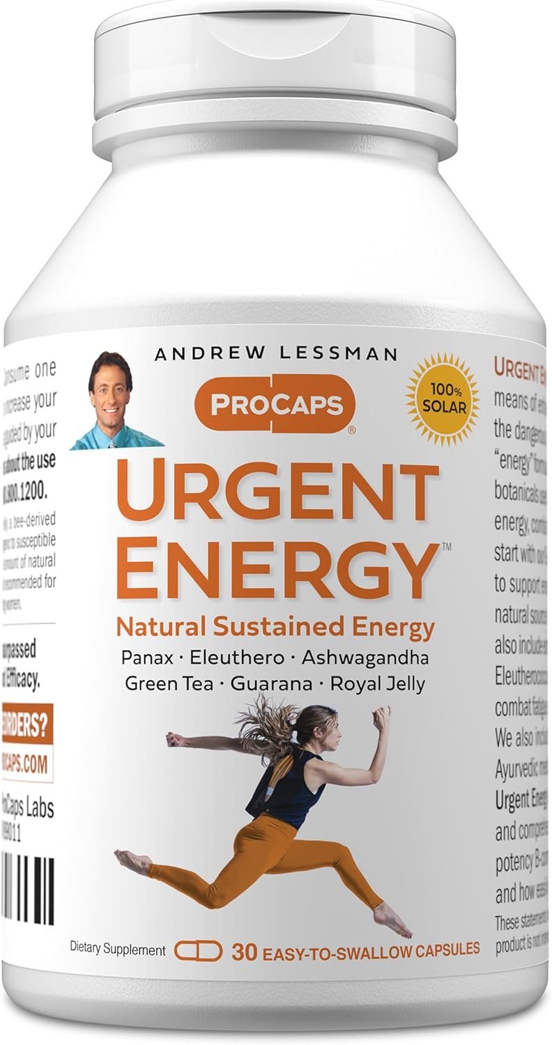 ANDREW LESSMAN Urgent Energy 30 Capsules – Provides a Safe, Healthy Means of Enhancing Energy Levels and Feelings of Well-Being, Green Tea, Guarana, Ginseng, Royal Jelly, Ashwagandha, B-Complex