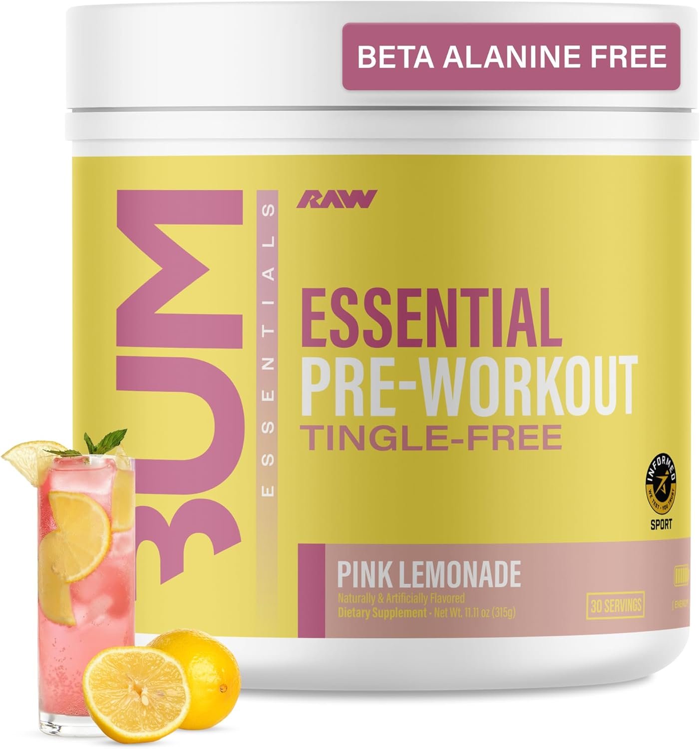 RAW Essential Tingle-Free Pre Workout Powder – Preworkout Without Beta-Alanine for Clean Energy & Focus – Workout Supplement with 200mg of Natural Caffeine – Pink Lemonade – 30 Servings
