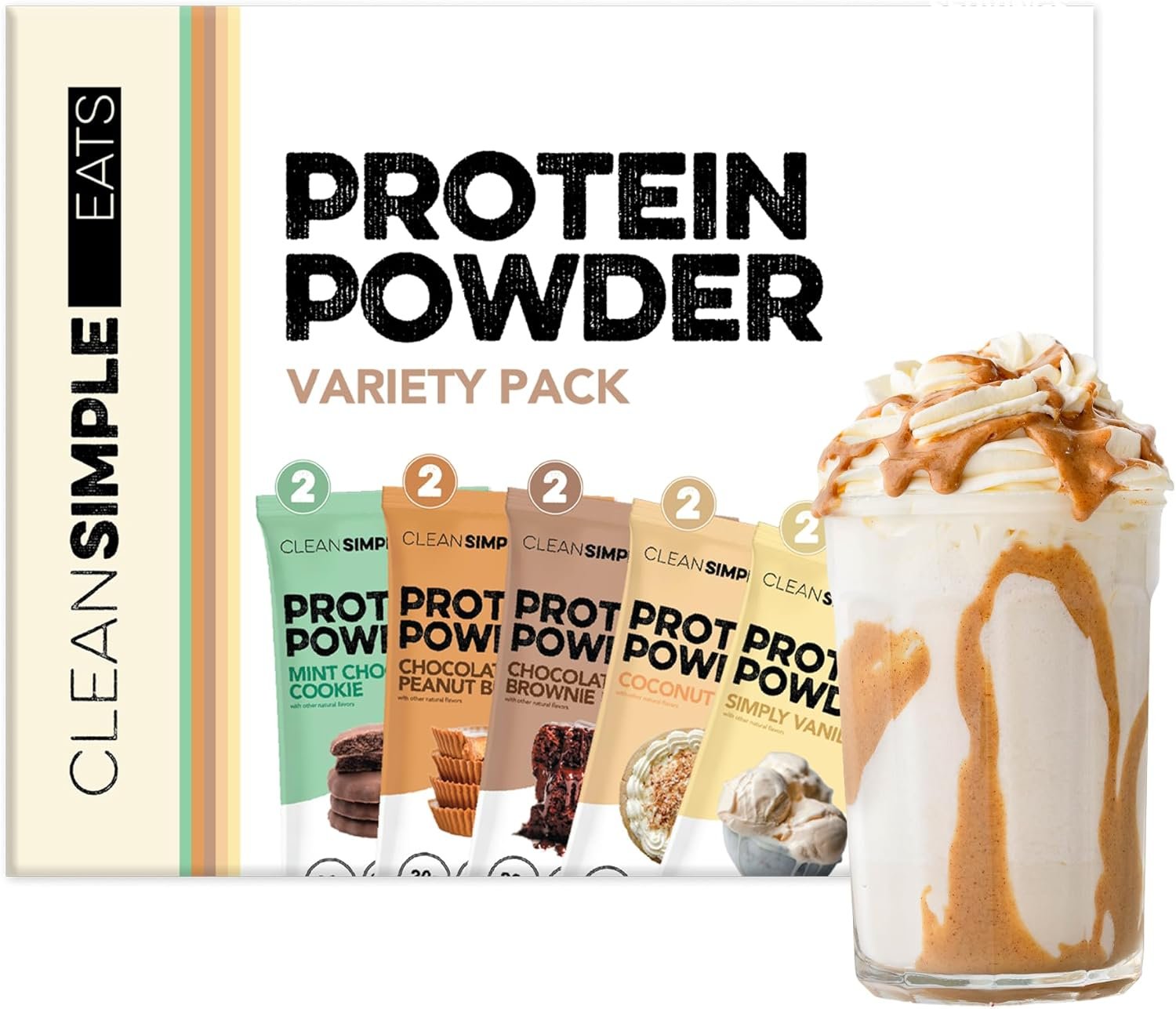 Clean Simple Eats Whey Isolate Protein Powder, Variety Pack, Naturally Sweetened, Zero Added Sugar, 20g 100% GrassFed Protein Powder with Digestive Enzymes, GlutenFree, Non GMO, 10 Single Serve Pack