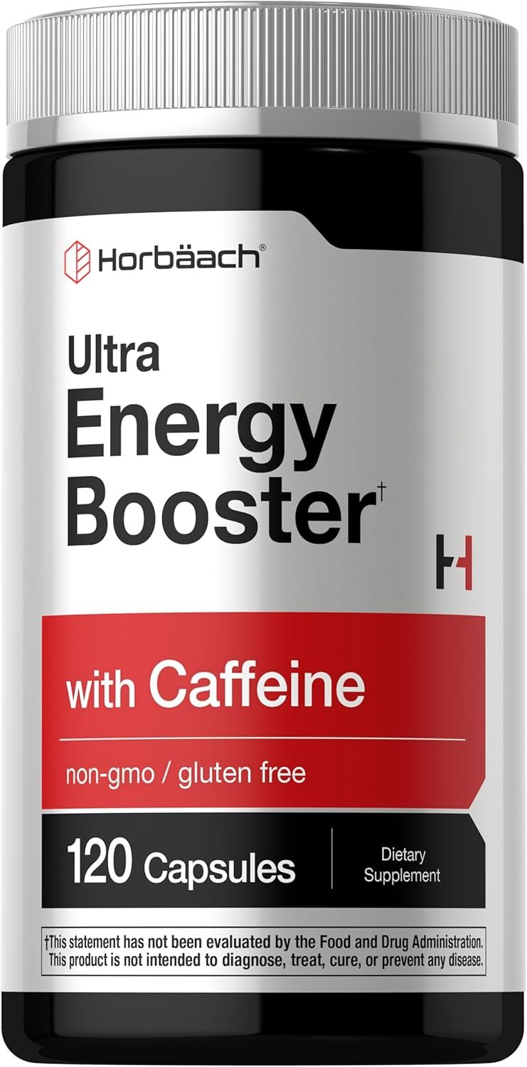 Horbäach Energy Supplement | 120 Capsules | with Caffeine, Ginseng & Vitamin B12 | Daily Energy Booster Pills | Non-GMO, Gluten Free