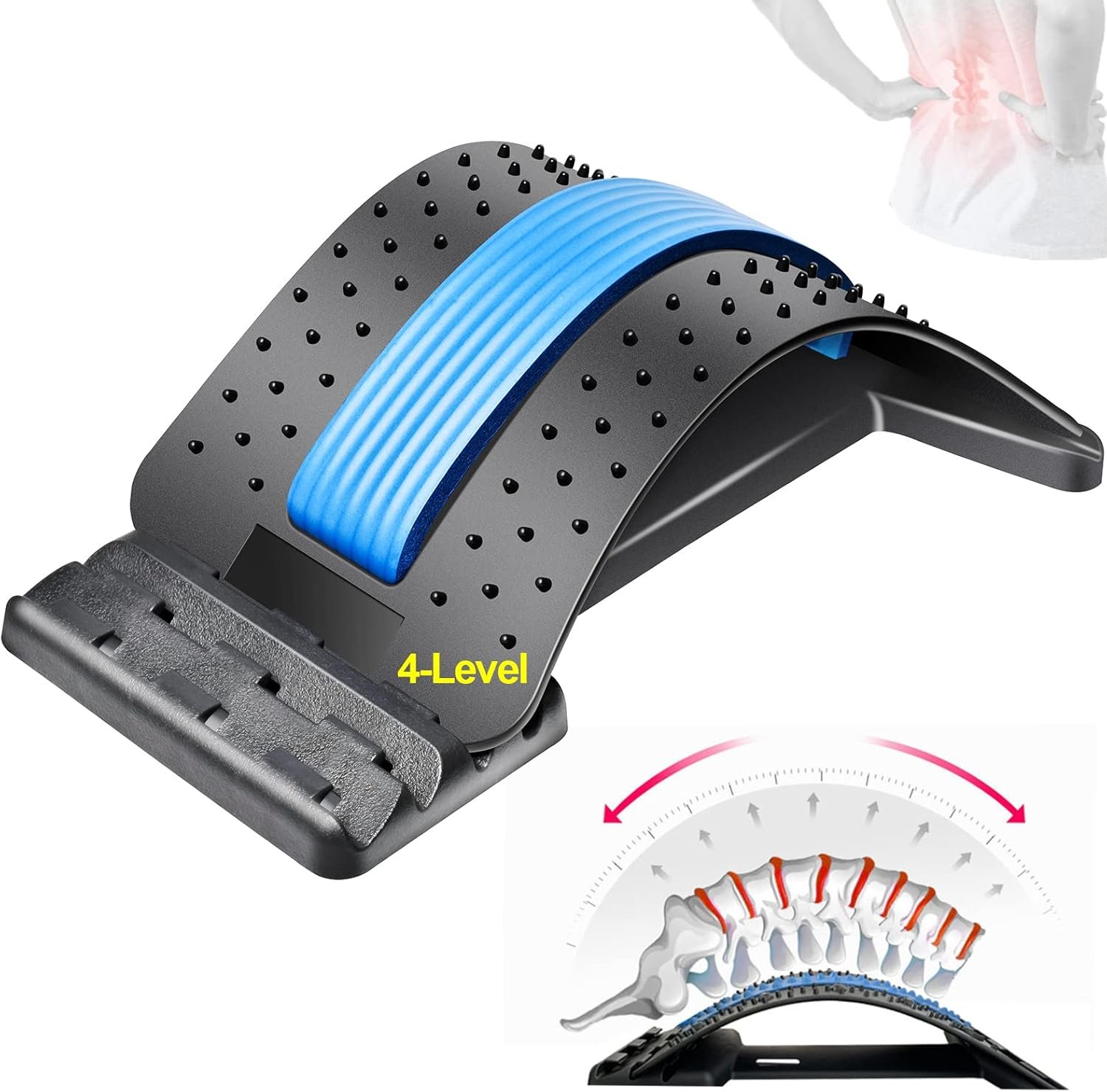 Back Stretcher for Lower & Upper Back Pain Relief – 4-Level Lumbar Support Massager, Spine Decompression for Scoliosis & Sciatica