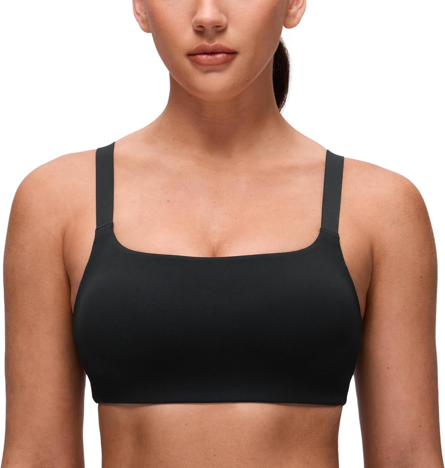 CRZ YOGA Butterluxe Adjustable Wide Strap Sports Bras for Women – Square Back Padded Scoop Neck Yoga Top