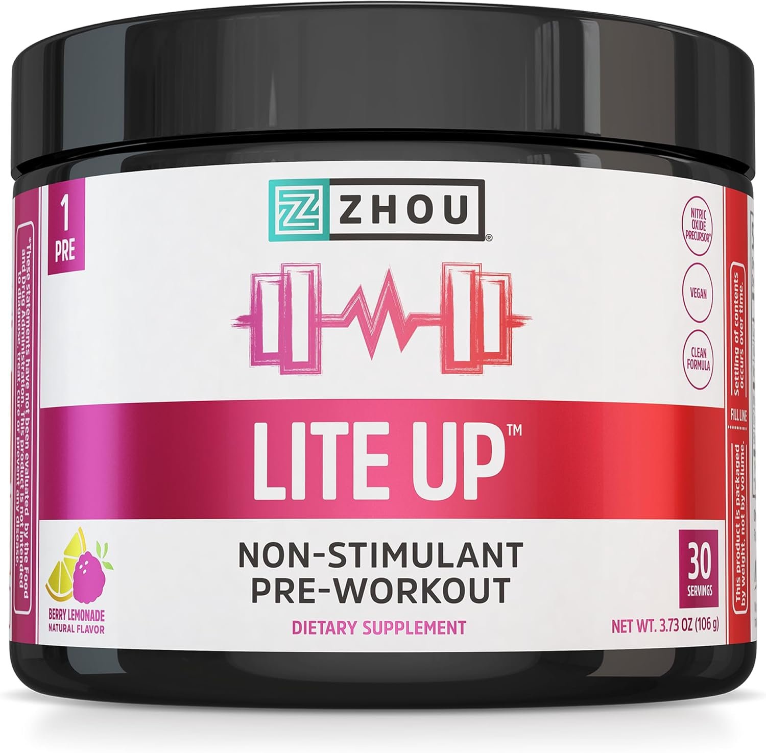 ZHOU Lite Up – Non Stim Powder, Nitric Oxide Precursor, Supplement for Men & Women, Caffeine Free Boost, Clean Formula – Berry Lemonade Flavor, 7.5 Oz Jar (30 Scoops)