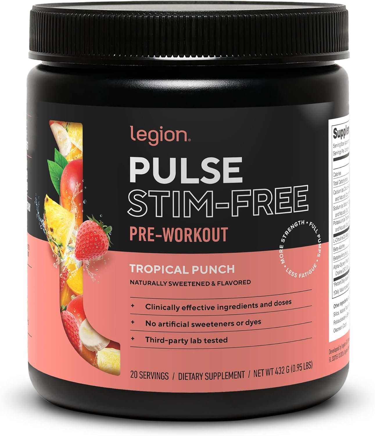 LEGION Pulse Pre Workout Supplement – All Natural Nitric Oxide Preworkout Drink to Boost Energy, Creatine Free, Naturally Sweetened, Beta Alanine, Citrulline, Alpha GPC (Caffeine Free Tropical Punch)