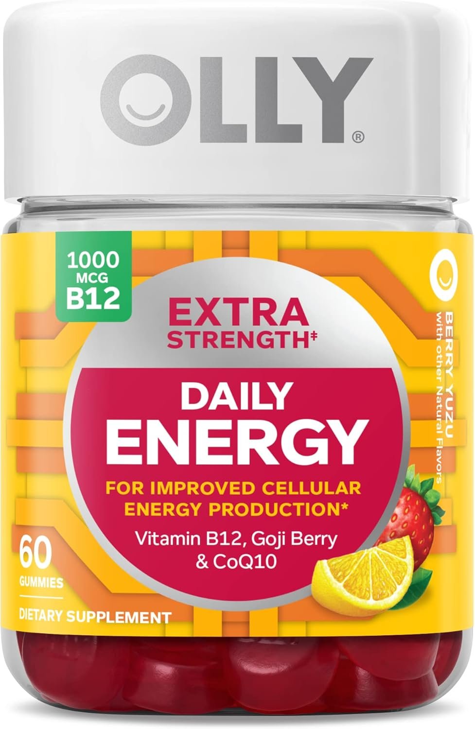 OLLY Extra Strength Daily Energy Gummy, Caffeine Free Cellular Energy Production,* 1000 mcg Vitamin B12, CoQ10, Goji Berry, Adult Chewable Supplement, Berry Yuzu Flavored, 30 Day Supply – 60 Count