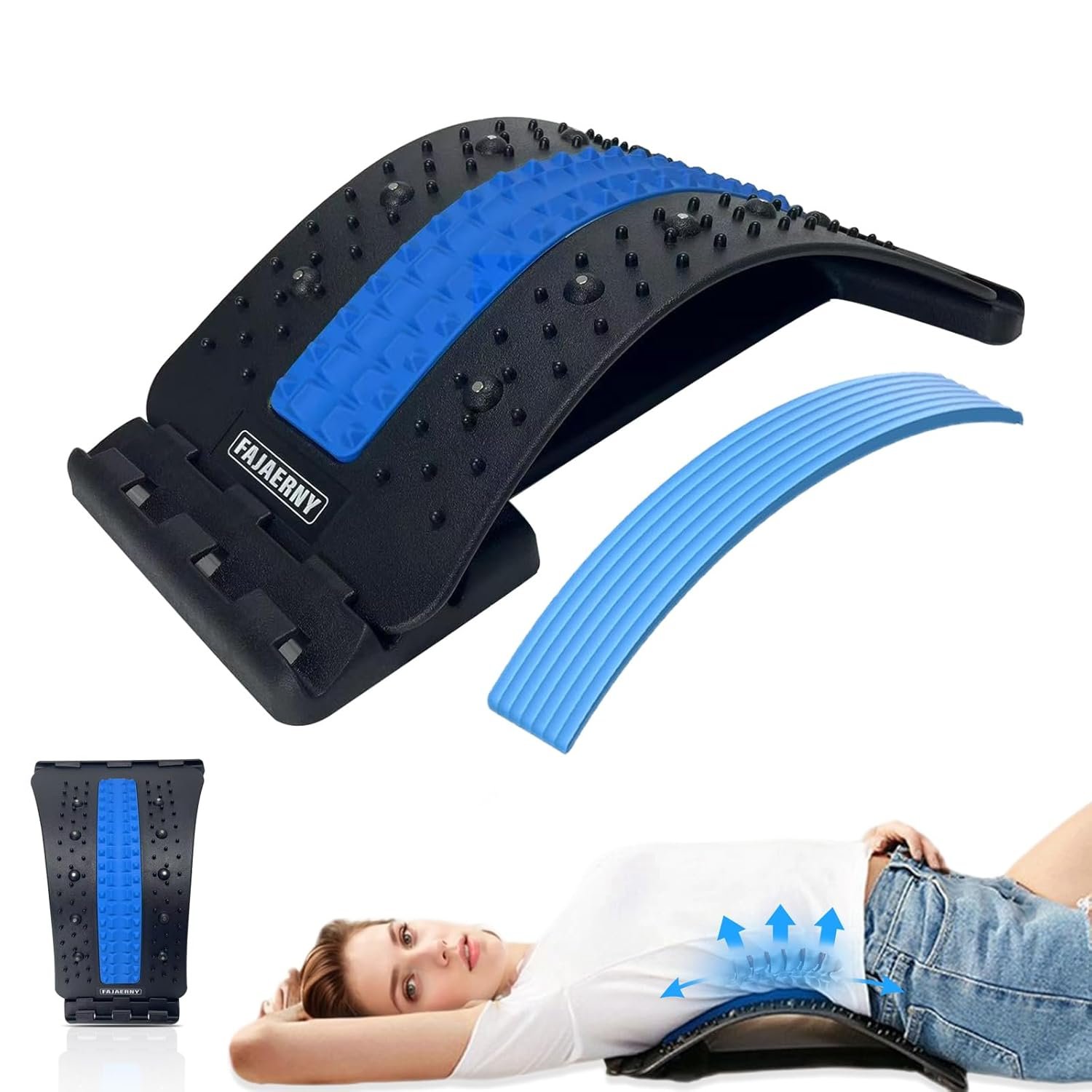 Back Stretcher, 3 Level Adjustable Lumbar Back Cracker Board, Back Pain Relief Device, Back Massage, 84 Massage Points and 10 Magnetic Points, Relief for Lumbar Area Pain, Scoliosis Aid, Spine, Herniated Disc, Lumbar Support Board, Extra NBR Pad & Silicone Pad (Blue)