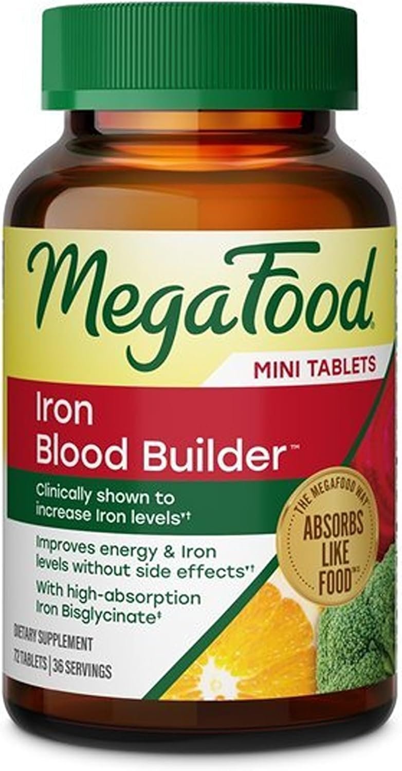 MegaFood Blood Builder Iron Supplement for Women & Men – Increase Iron Levels Without Side Effects, Improves Energy Levels, B12, Folic Acid & Vitamin C for Absorption, Vegan, Non-GMO, 72 Mini Tablets