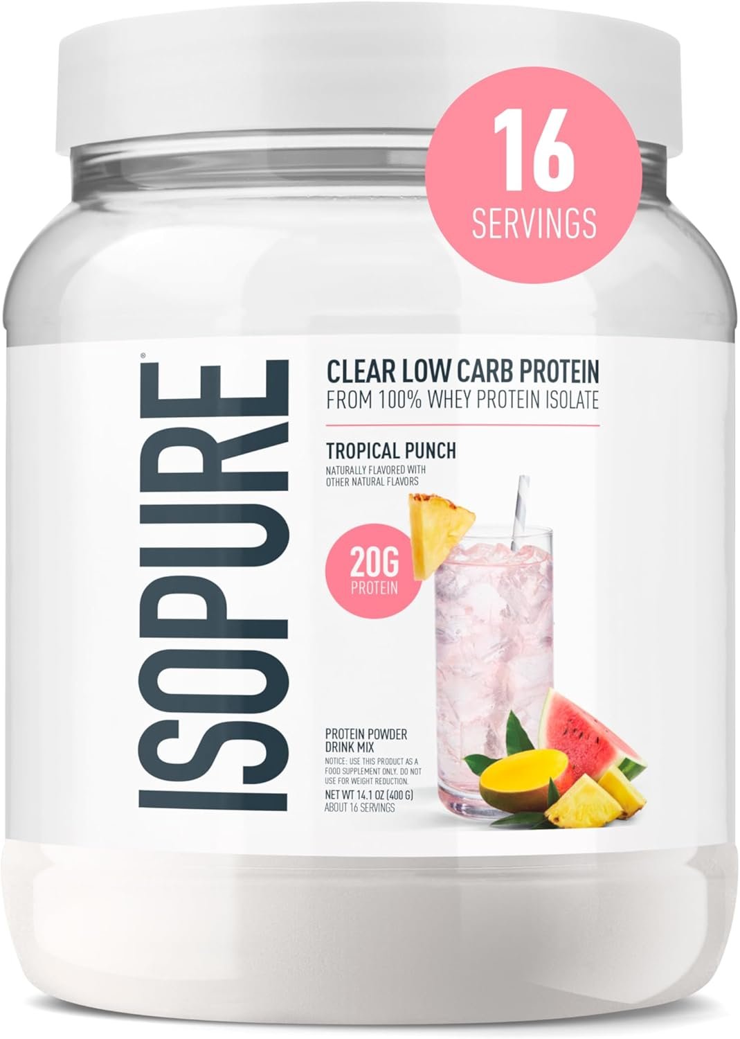 Isopure Clear Whey Isolate Protein Powder, Lactose Free, Gluten Free, Naturally Flavored, Tropical Punch, 20g Protein Per Serving, 14.1 Oz, 16 Servings (Packaging May Vary)