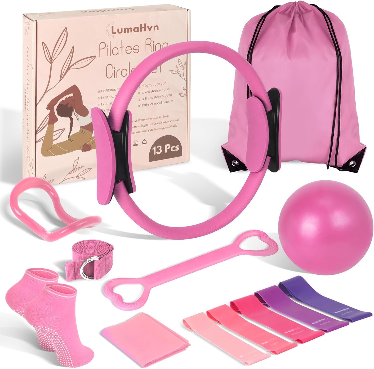 Pilates Kit for Women 13PCS, Pilates Ring and Ball Set with Magic Circle, Resistance Bands Set, Figure 8 Band, Yoga Ring & Grip Socks, Home Workout Equipment Essentials Starter Kit for Beginners