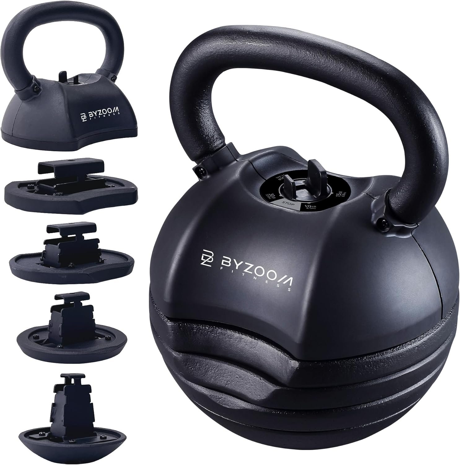 BYZOOM FITNESS Pure Series Adjustable Kettlebell 30/40/50LB – 5-IN-1 Weight Change, Patented Quick-Change Machenism, Ergonomic Curved Handle for Home Gym, Strength Training, HIIT, White OR Black