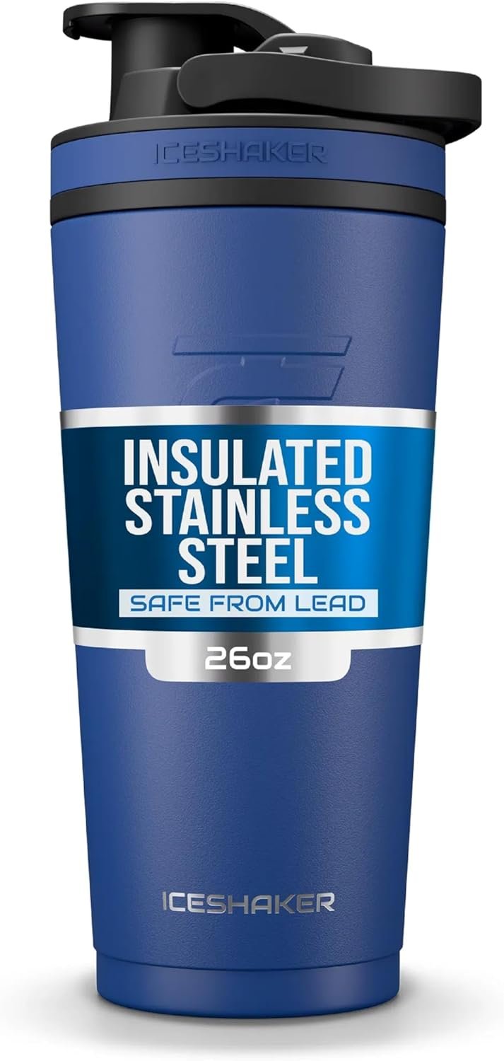 Ice Shaker Insulated Stainless Steel Shaker Bottle | 26oz, Navy | Cold for 30+ Hours | Insulated Cup with Twist-on Agitator | Odor-Free Bottle for Protein Shakes, Water, Smoothies, Cocktails