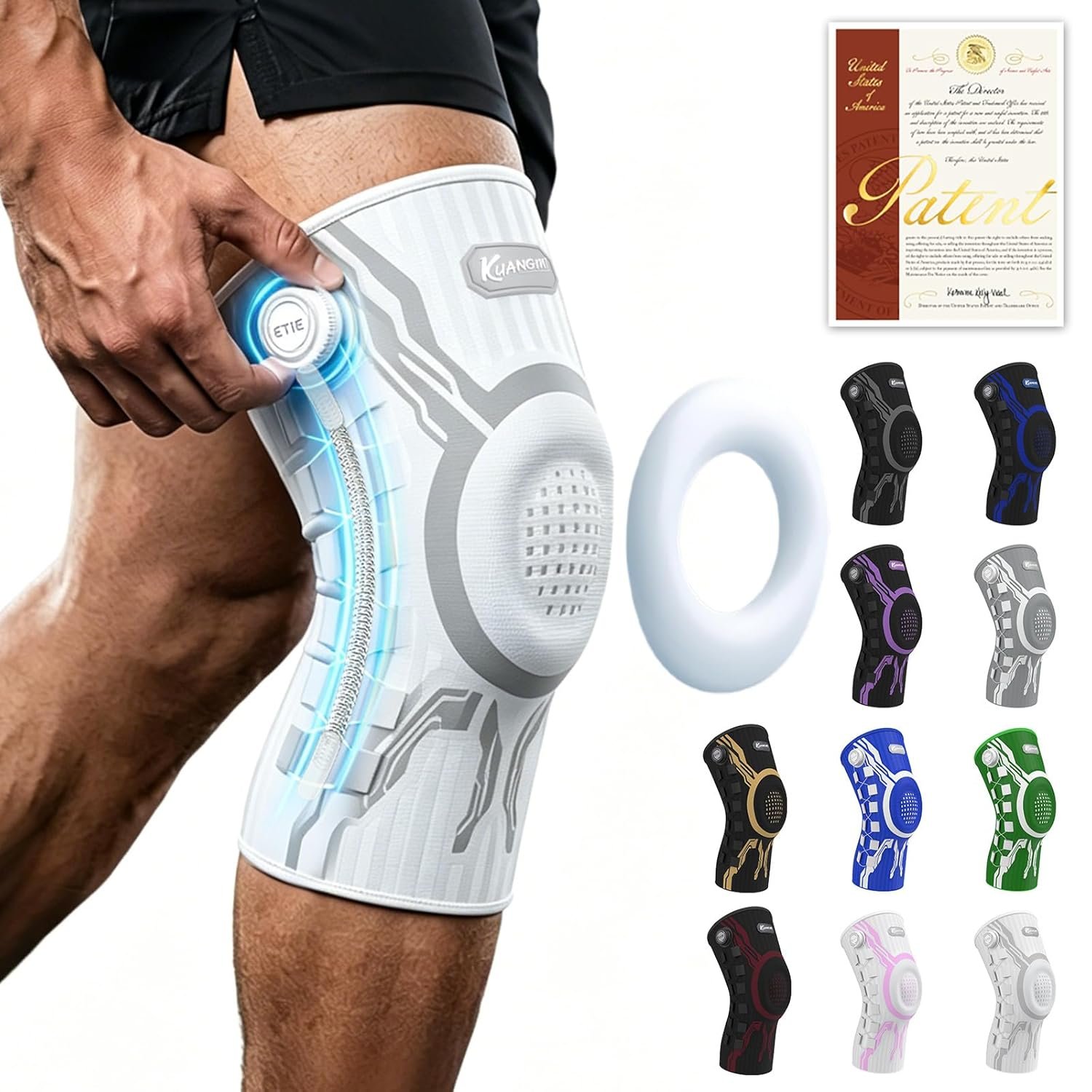Kuangmi Knob Knee Brace for Pain Relief, Knee Support with Patella Gel Pad & Side Stabilizers, Compression Knee Sleeve for Workout, Arthritis, Joint Pain, Meniscus Tear (White,Right,Large,Single)