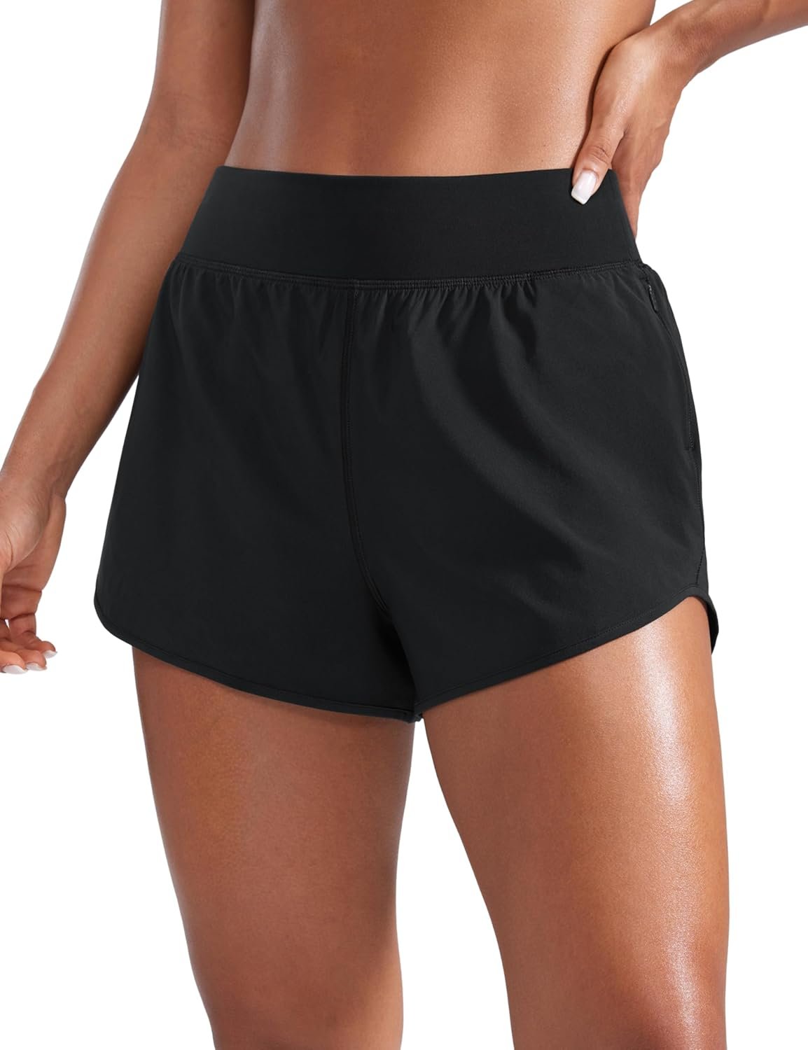 CRZ YOGA Mid Flat Waisted Running Shorts for Women 3″ – Mesh Liner Quick Dry for Workout Sport Athletic with Zipper Pocket