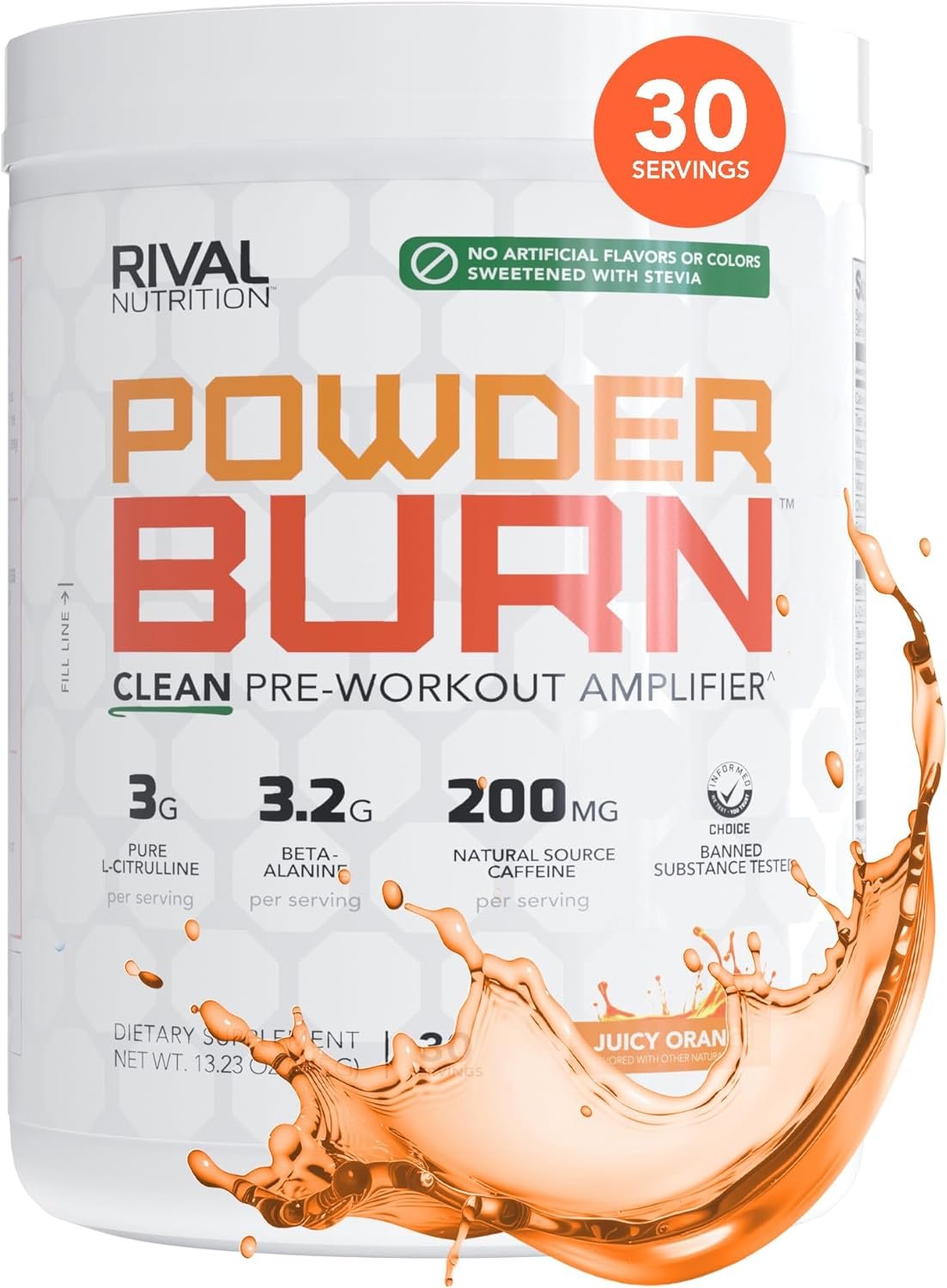 RIVAL NUTRITION Powder Burn Pre-Workout Energy Powder for Men and Women I Juicy Orange, 30 Servings | Clean Ingredients I 3g L-Citrulline, 3.2g Beta-Alanine and 200mg Natural Caffeine Per Serving