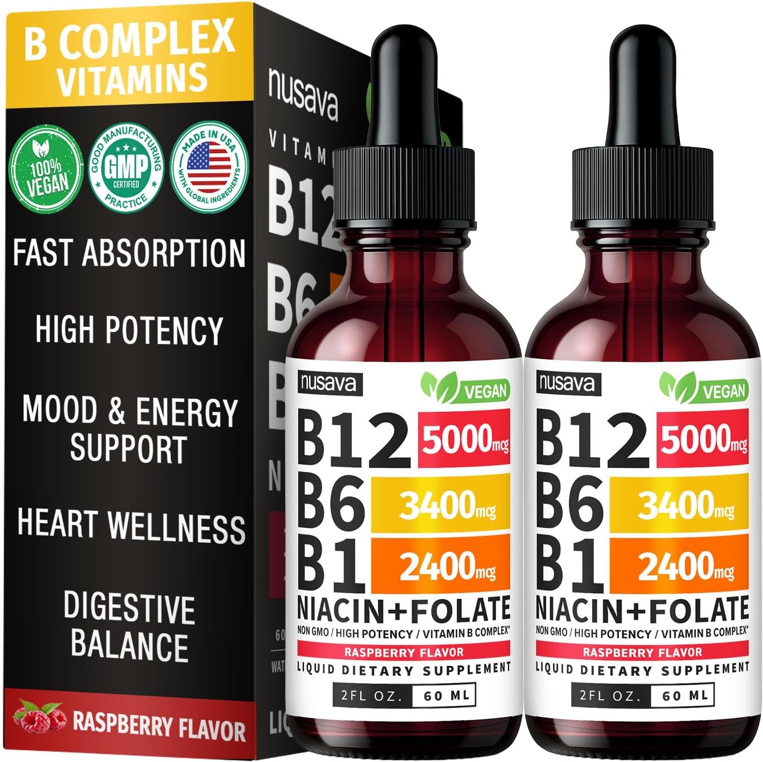 (2 Pack) Vitamin B12 and B6 Liquid Drops, B12 Sublingual Vitamin B Complex – B 12 Vitamin 5000mcg – B12 Methylcobalamin for Energy, Brain, and Heart Support with 27,200 mcg, Raspberry, (80 Servings)