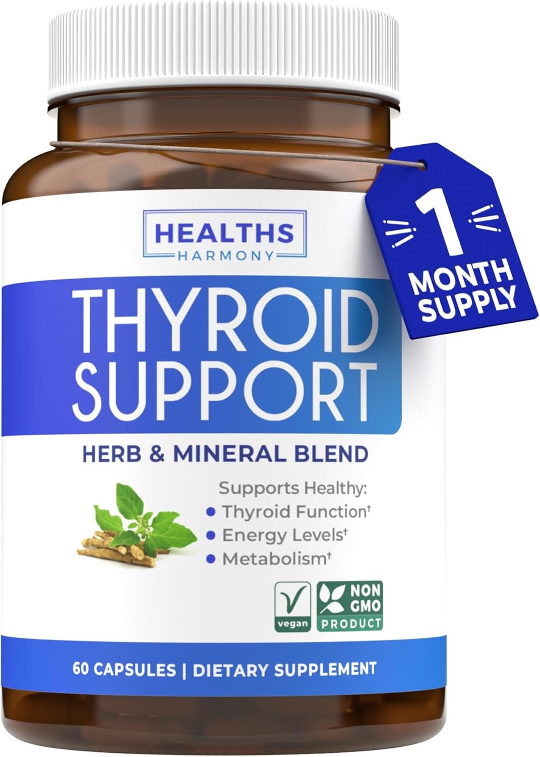 Thyroid Support with Iodine (Non-GMO) Improve Your Energy & Mood – Metabolism Booster Thyroid Health Supplement for Women and for Men – Ashwagandha, Zinc, B12 Complex – 60 Capsules