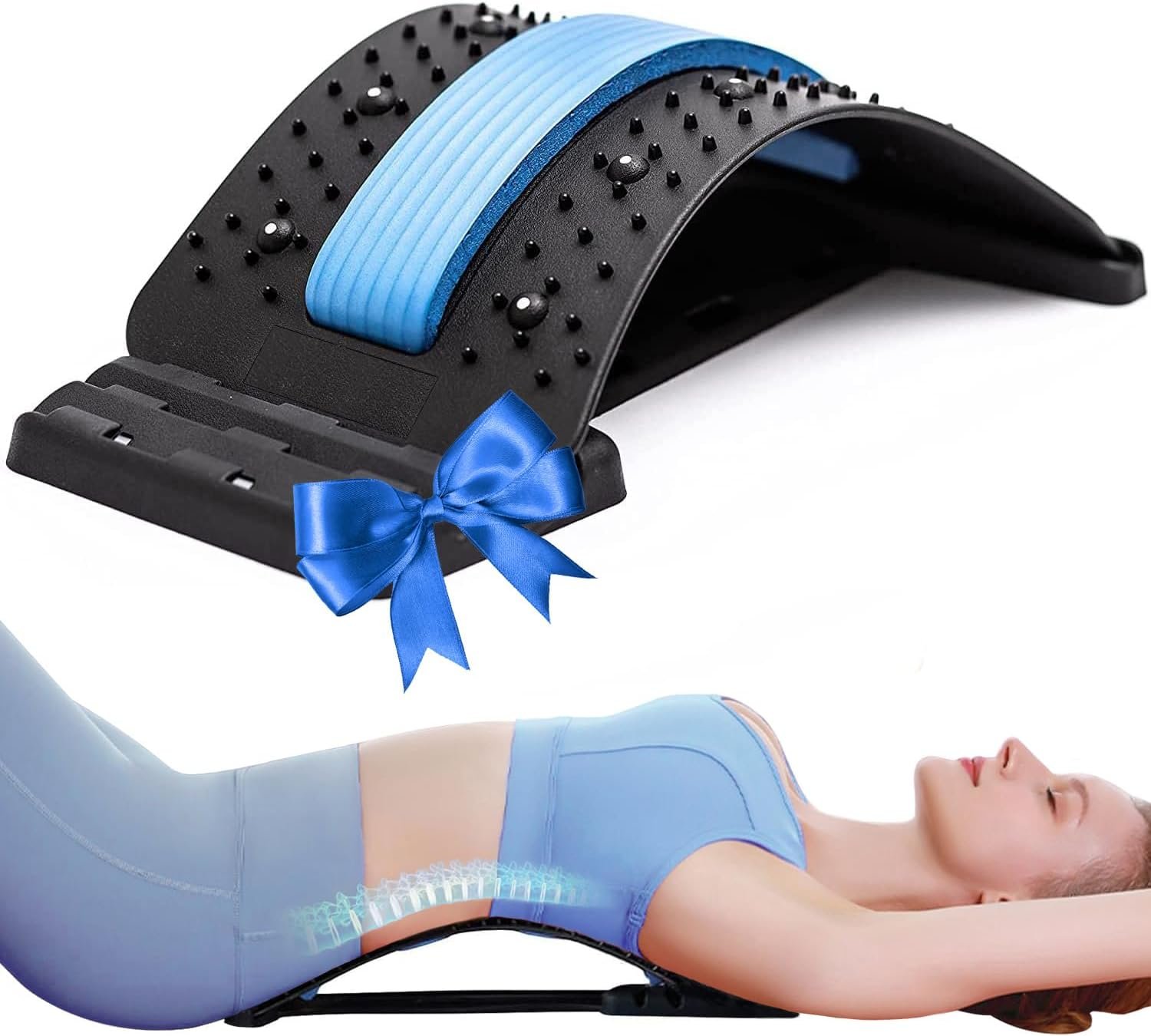 Back Stretcher for Pain Relief, 4 Levels Adjustable Lumbar Back Cracker Board, Lower Back Massager/Stretcher, Back Posture Corrector, Gift for Her,Hip Massager(Black/Blue)