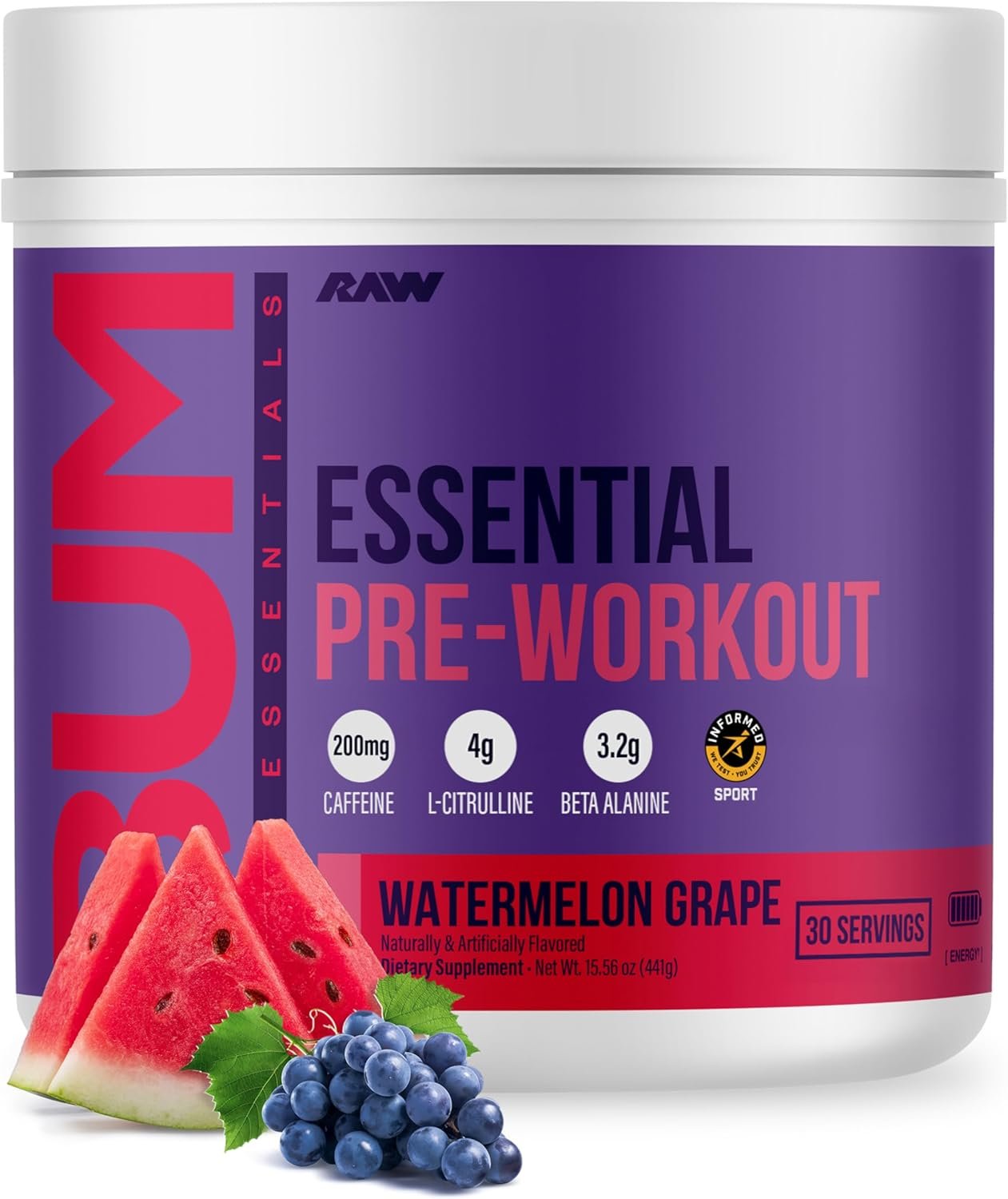 RAW Essential Pre-Workout Powder (Watermelon Grape) – Chris Bumstead Sports Nutrition Supplement for Men & Women – Preworkout Energy Powder with Caffeine, L-Citrulline, L-Tyrosine & Beta Alanine Blend