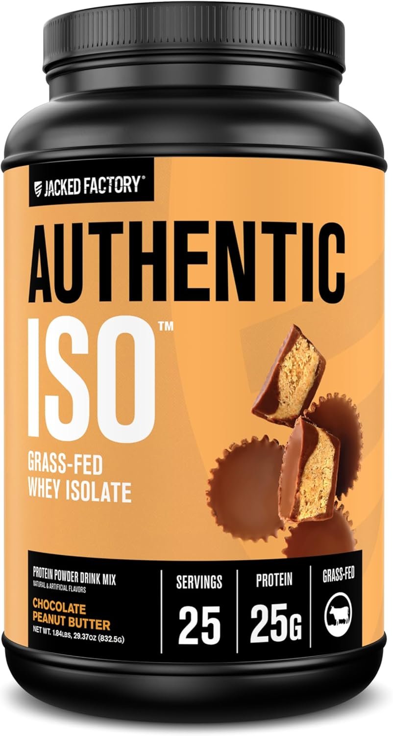 Jacked Factory Authentic ISO Grass Fed Whey Protein Isolate Powder – Low Carb, Non-GMO Muscle Building Protein w/No Fillers, Post Workout Recovery, Chocolate Peanut Butter – 25 Servings