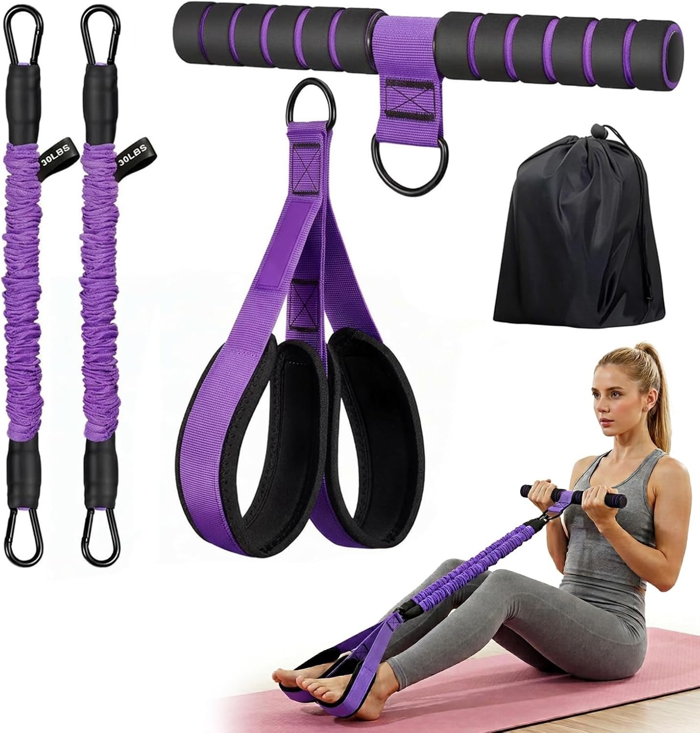 Upgraded Pedal Resistance Band with Handle, Adjustable 30-60LBS Exercise Bands for Home Gym, Sit Up Equipment for Full Body Workout, Core, Abs, Legs, Arms – Portable Workout Equipment for Women & Men
