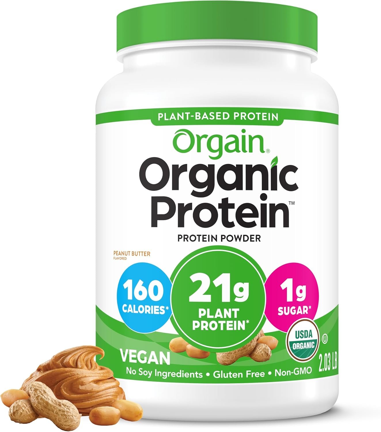 Orgain Organic Vegan Protein Powder, Peanut Butter – 21g Plant Protein, 7g Prebiotic Fiber, Low Net Carb, No Dairy Ingredients, No Added Sugar, For Shakes & Smoothies, 2.03 lb (Packaging May Vary)